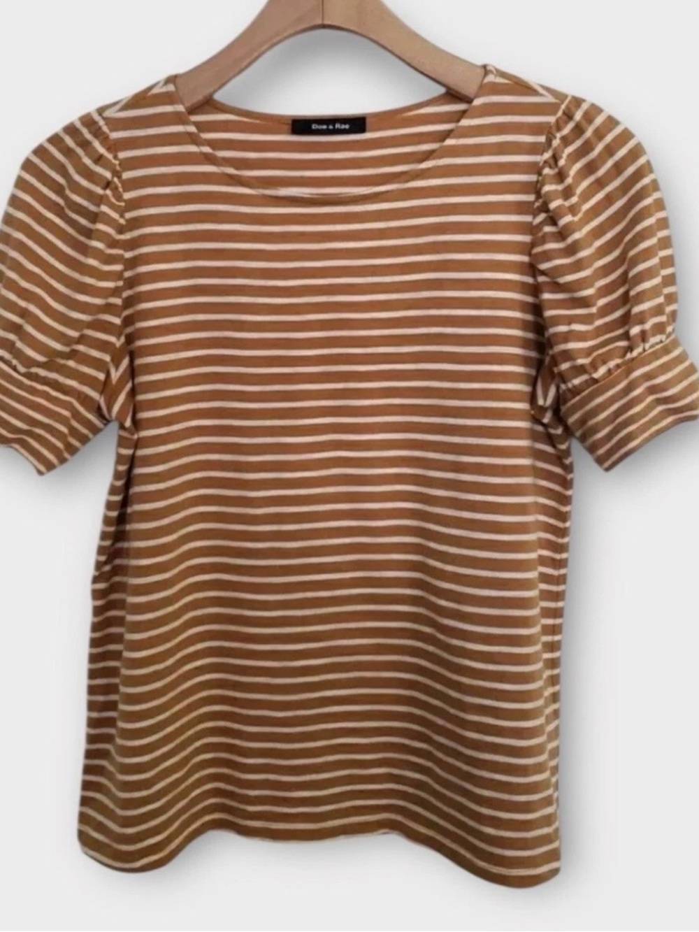 Doe & Rae Brown and White Striped Puff Sleeve Tee